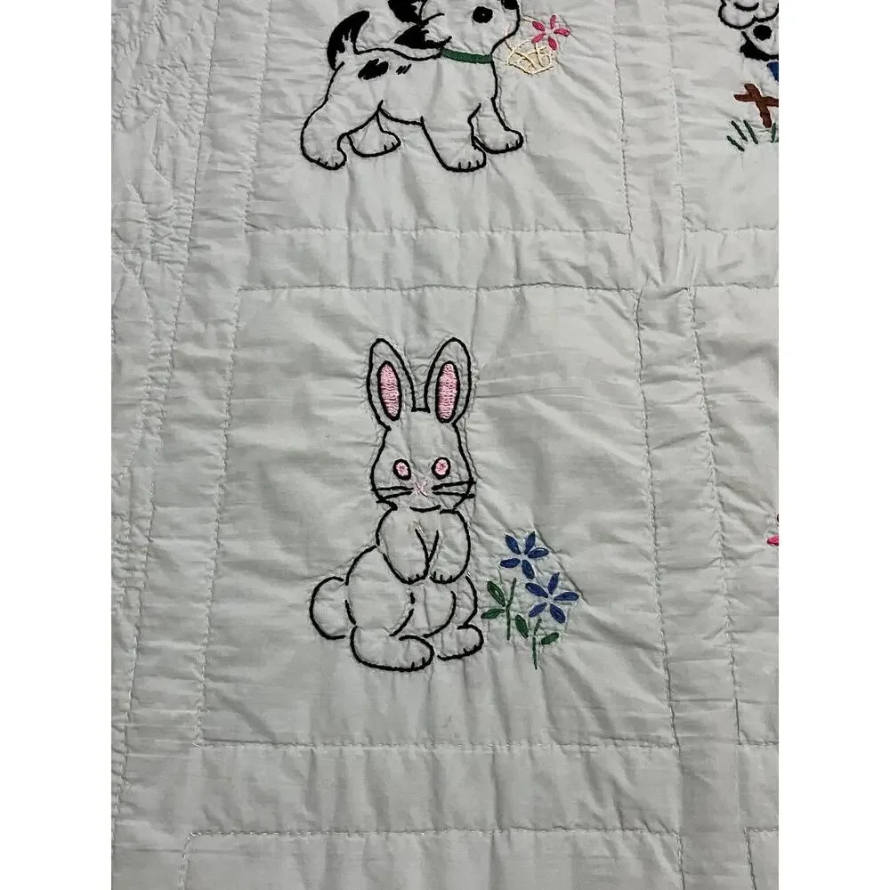 Hand Embroidered Quilt Childrens Mint Green Mid Century Baby Animals 38x68